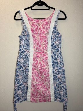 Lilly Pulitzer Shift Dress 4 Cotton Seacock Blue Pink Starfish Seashell Nautical